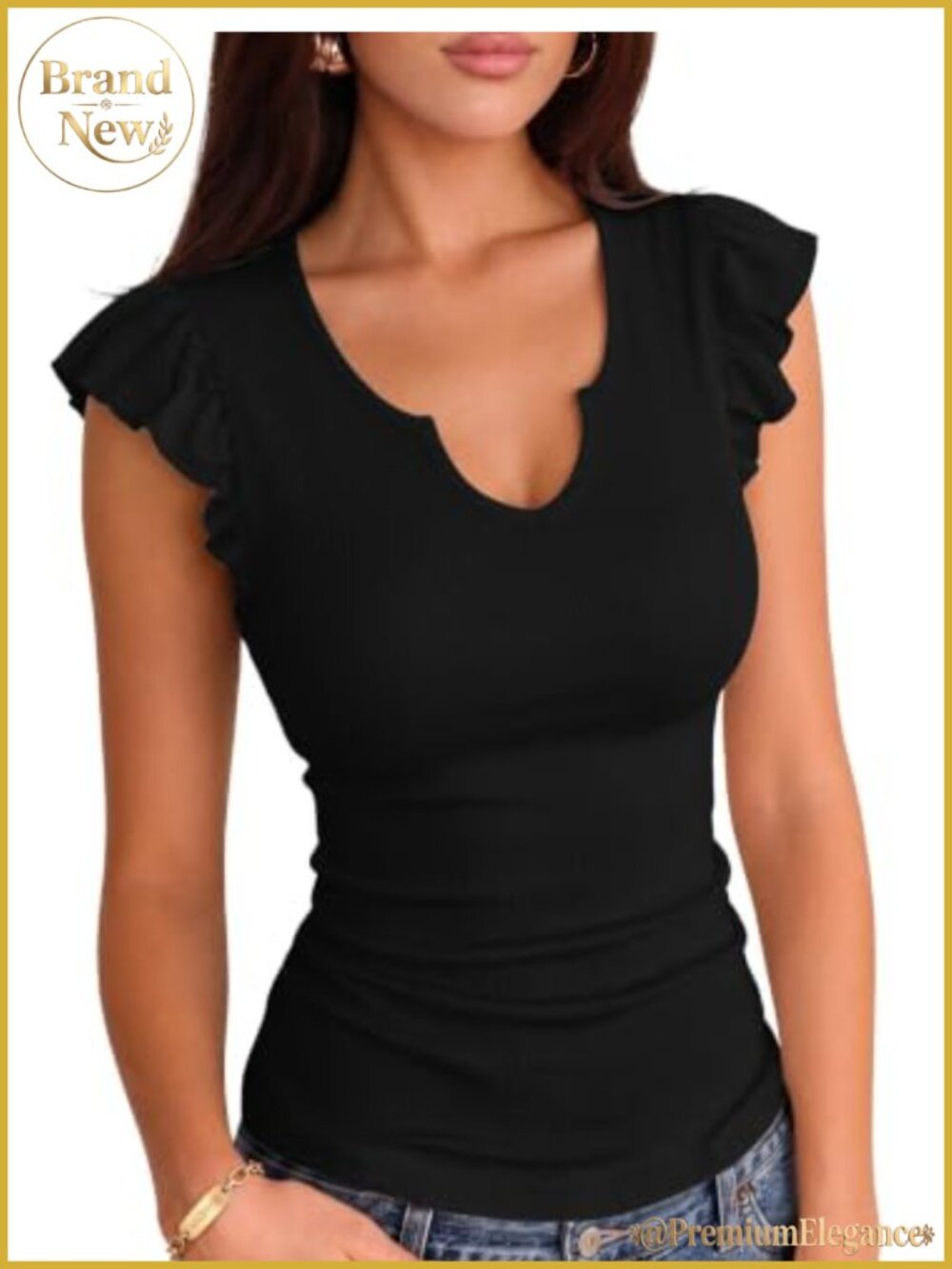 Ribbed Knit V-Neck Ruffle Short Sleeve Fitted Summer Tee
